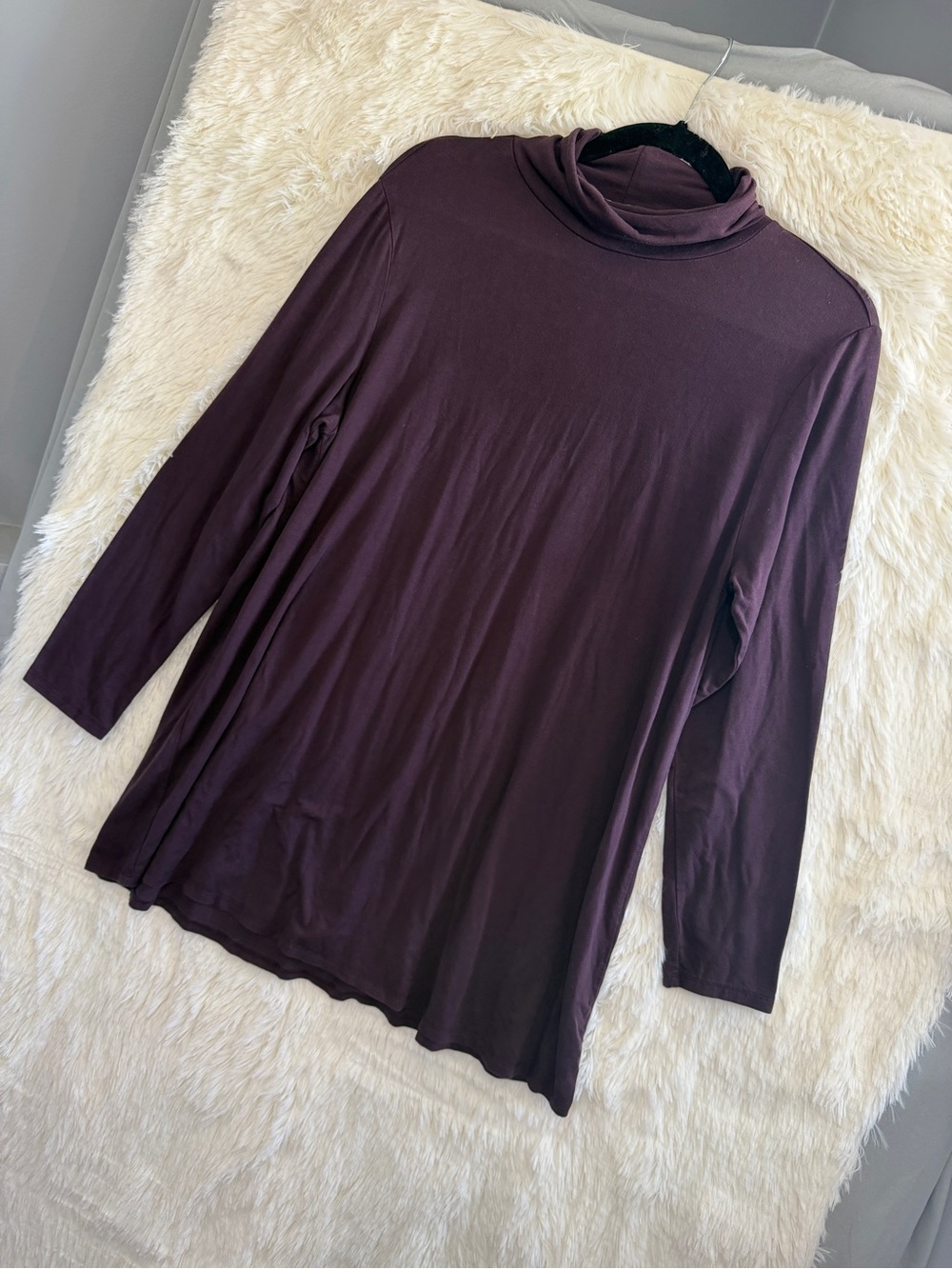 Eileen Fisher Womens Fine Jersey Scrunch Neck Tunic Top Size L Plum Quiet Luxury